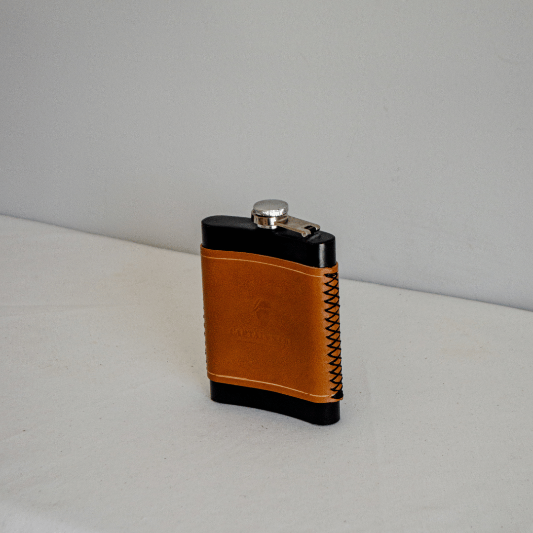 Stitched Full-Grain Leather Cover for flask -The Captain's Flask cognac cover