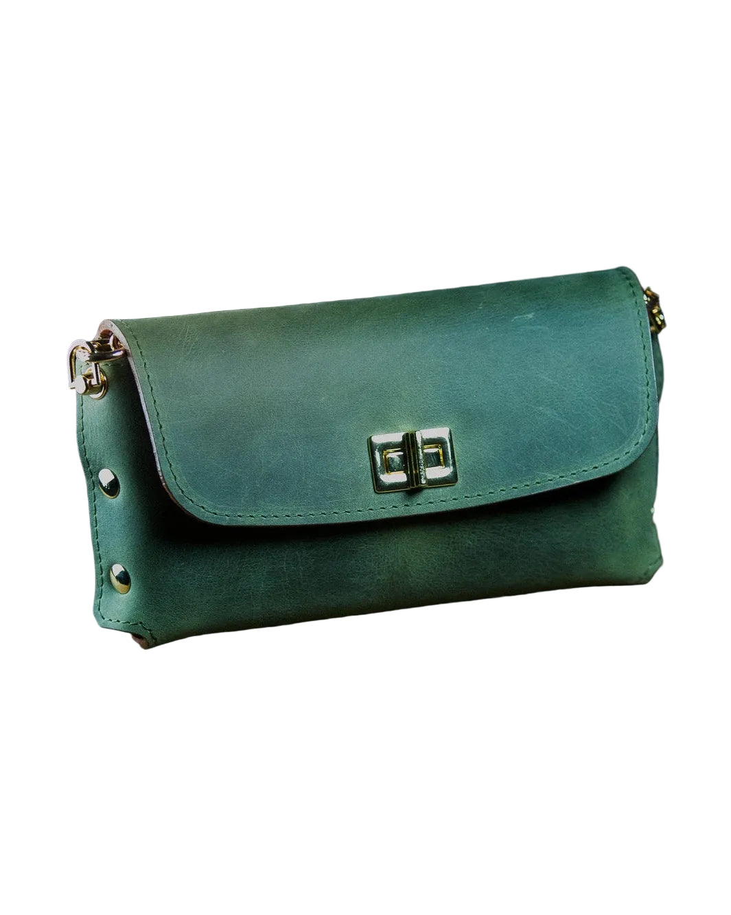 green leather clutch bag