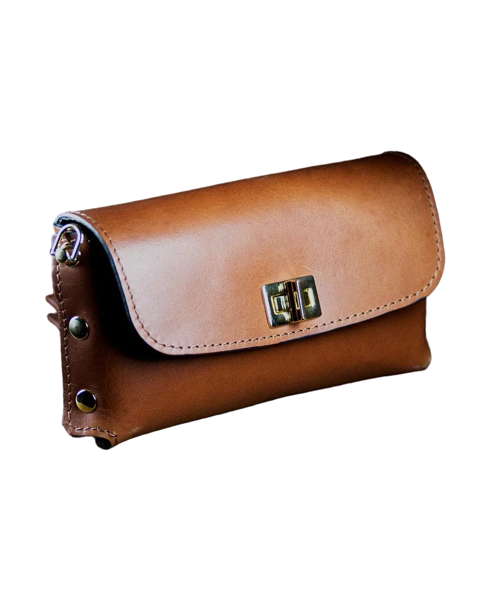 brown leather clutch bag from the side