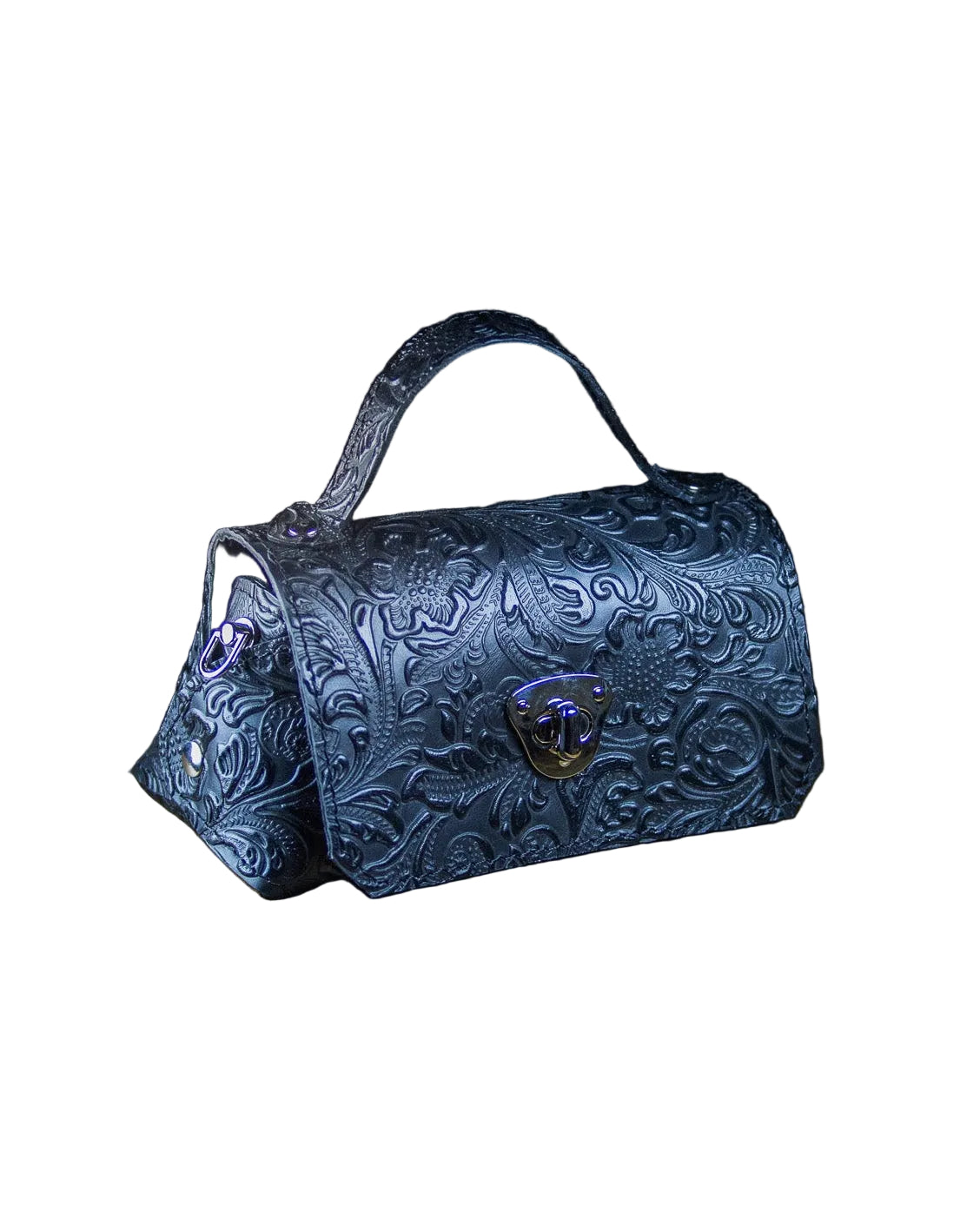 Decorative blue micro handbag with intricate patterns