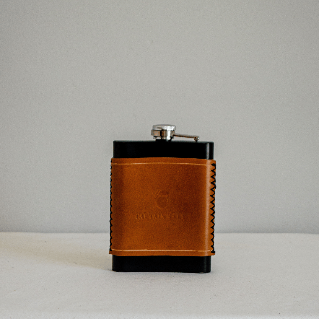 Stitched Full-Grain Leather Cover for flask -The Captain's Flask cognac cover