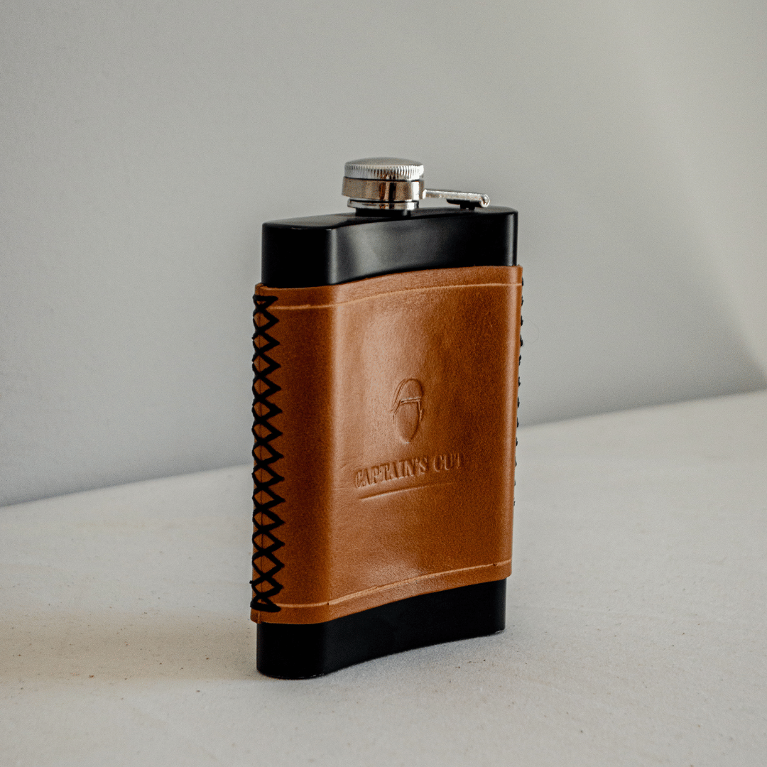 Stitched Full-Grain Leather Cover for flask -The Captain's Flask cognac cover