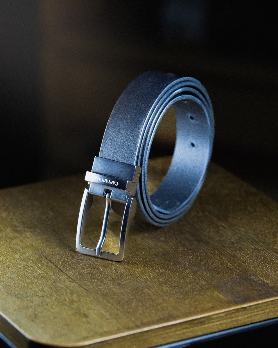 black leather belt with brushed chrome buckle