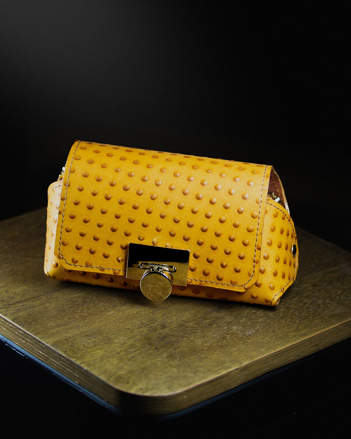 medium leather bag on a wooden surface on a dark background