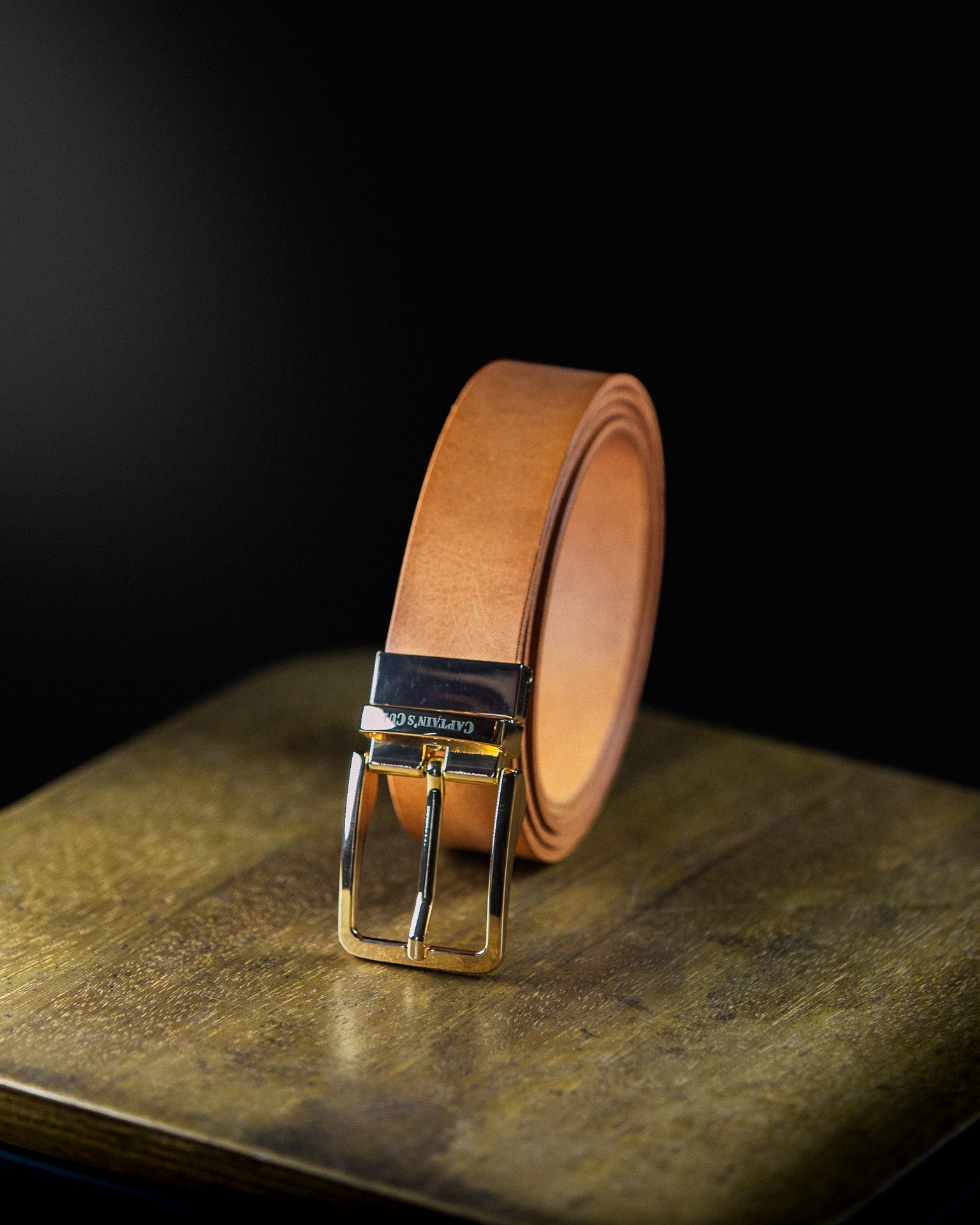 cognac leather belt with gold buckle