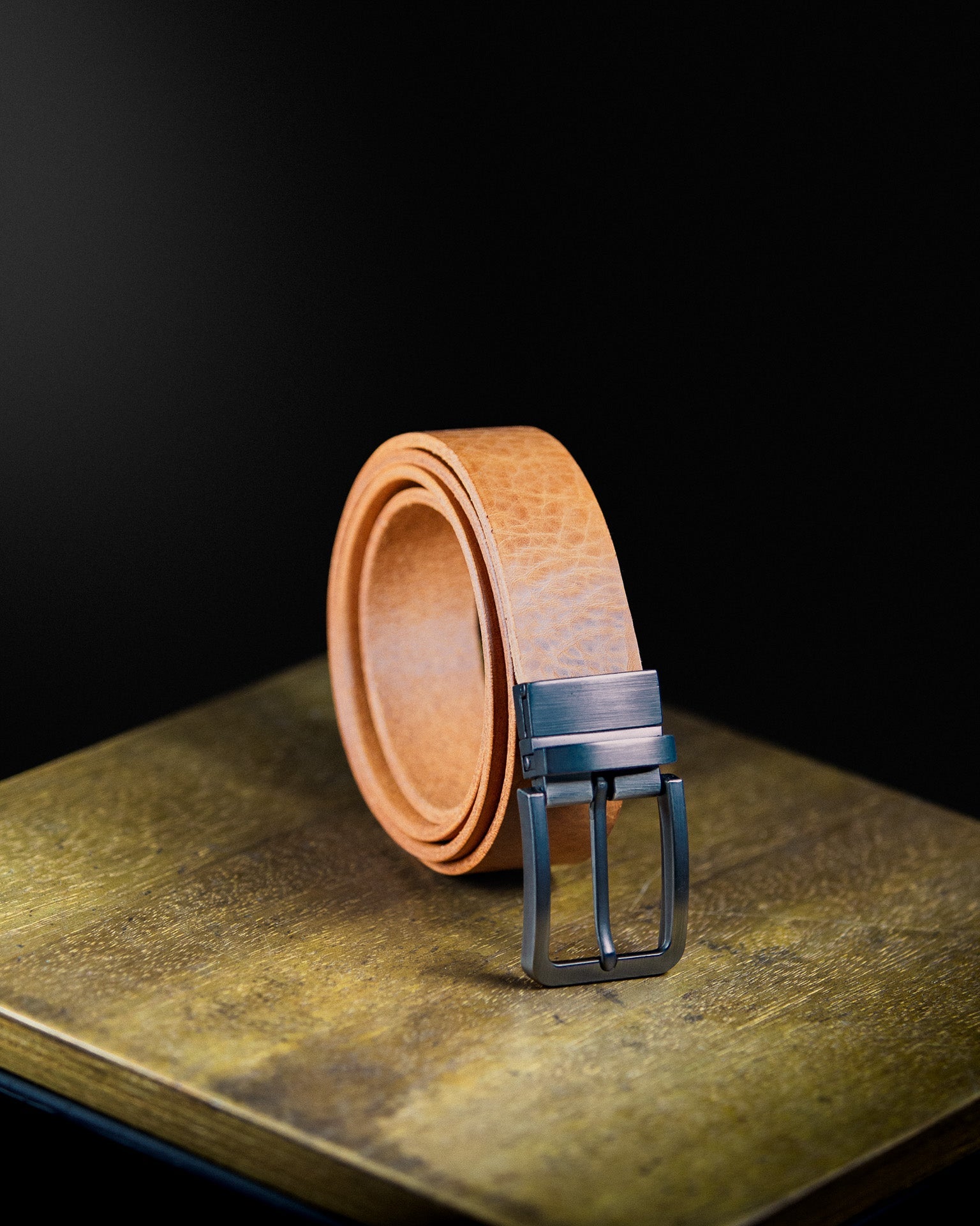 cognac leather belt with matte chrome buckle