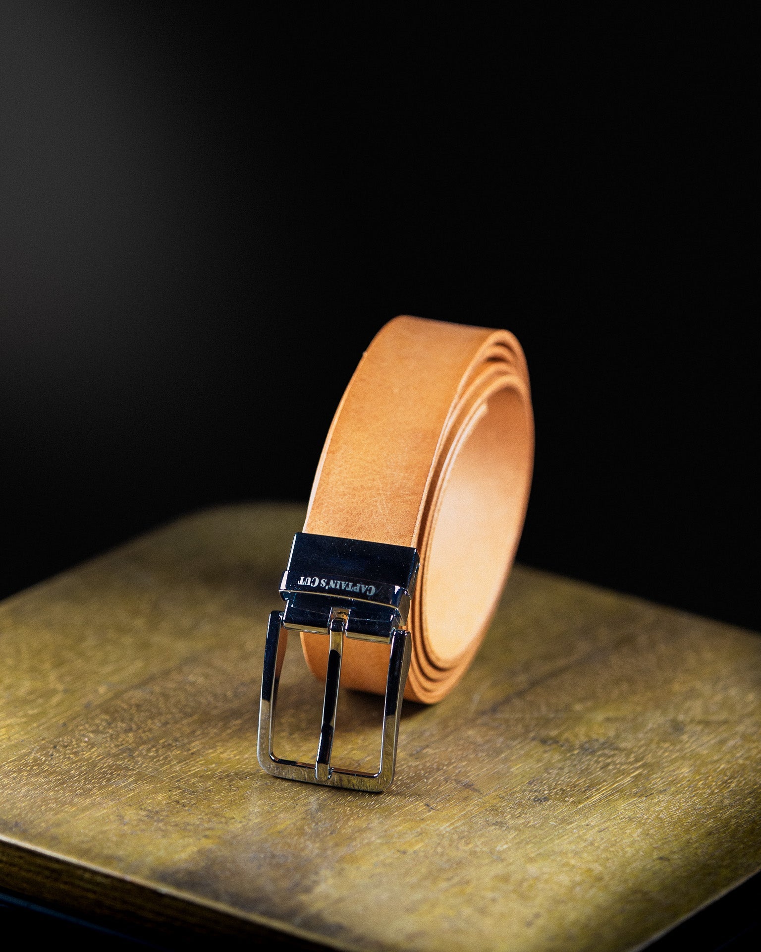 cognac leather belt with metallic black buckle
